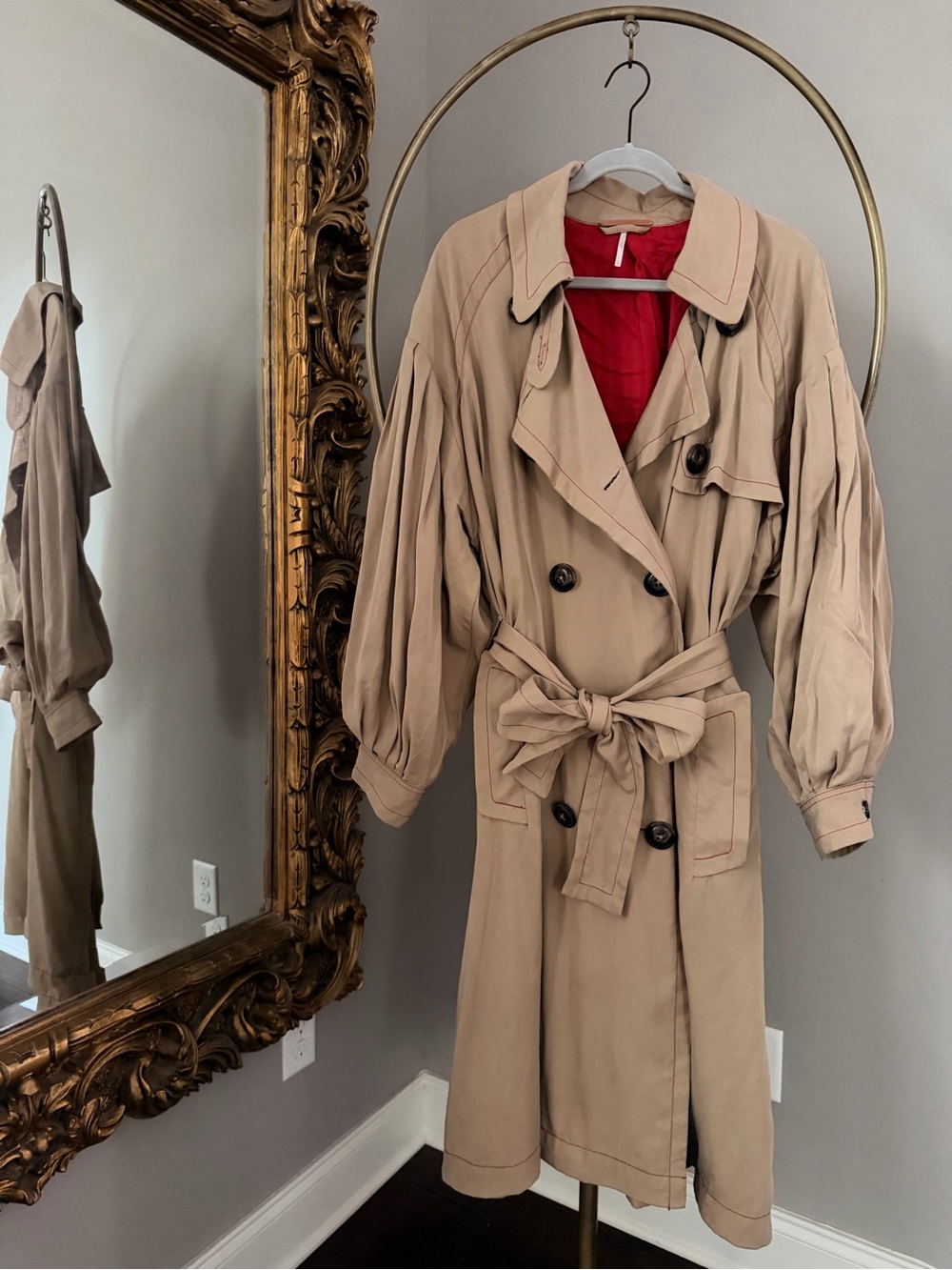 Free People Beige Trench Coat with Red Lining - Women’s Belted Trench - Picture 1 of 14
